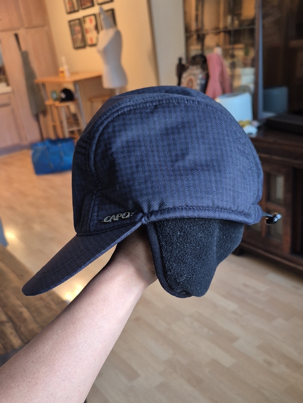 Capo Black Baseball-Style Cap W Ear & Neck Flap Adjustable